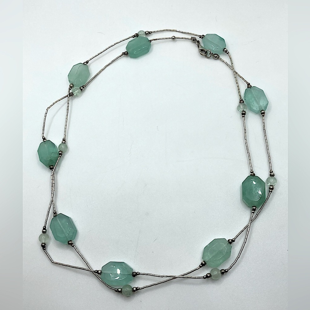 Vtg Sterling & Chalcedony Heishi Tube Bead Long Beaded Necklace 40”